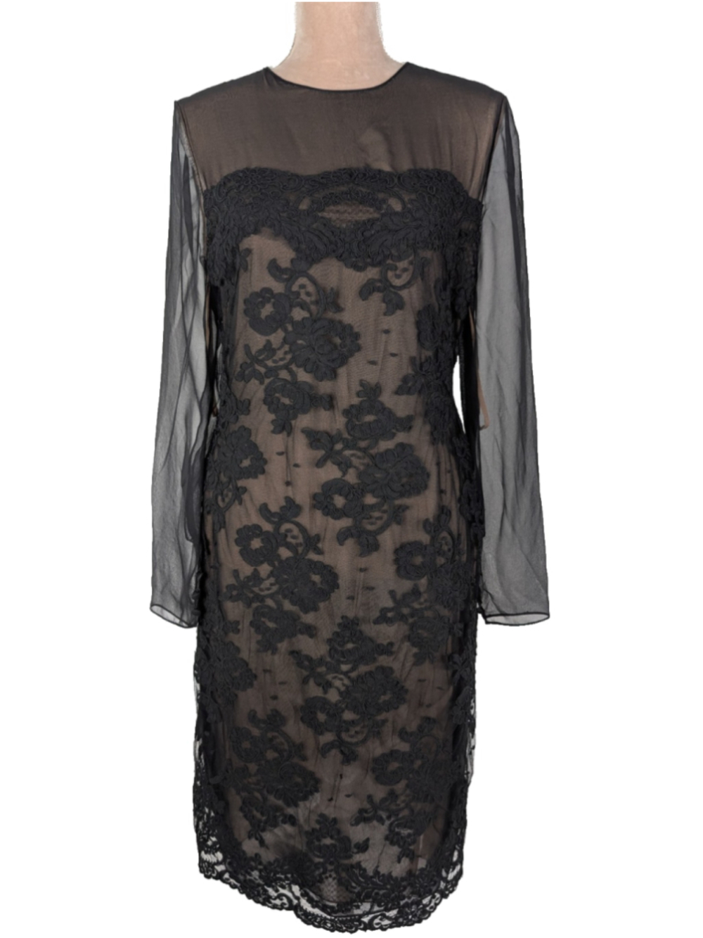 Vintage Bill Blass Evening Sheer Lace Midi Gown Black Nude Sz 12 Retro Classic